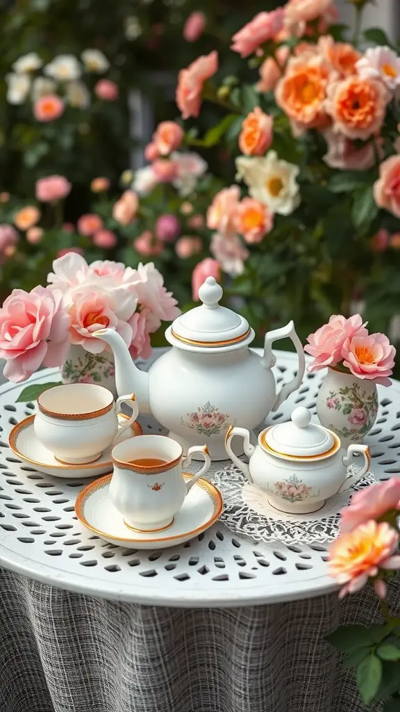 19 Whimsical Garden Party Ideas for Unforgettable Celebrations 23 A vintage tea set displayed on a table with roses in the background.