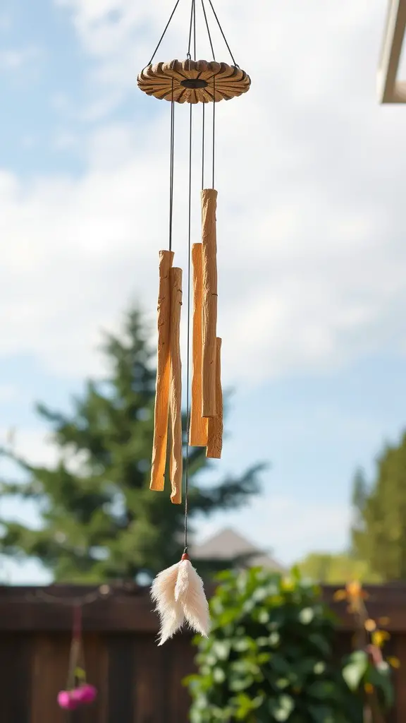 23 Creative DIY Yard Decor Ideas You Can't Miss 11 A wooden wind chime hanging in a yard with a blue sky and trees in the background.