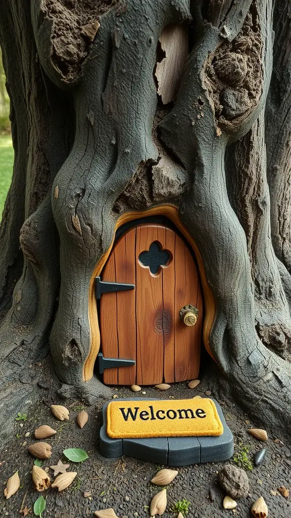A charming wooden door on a tree stump with a welcome mat in front.