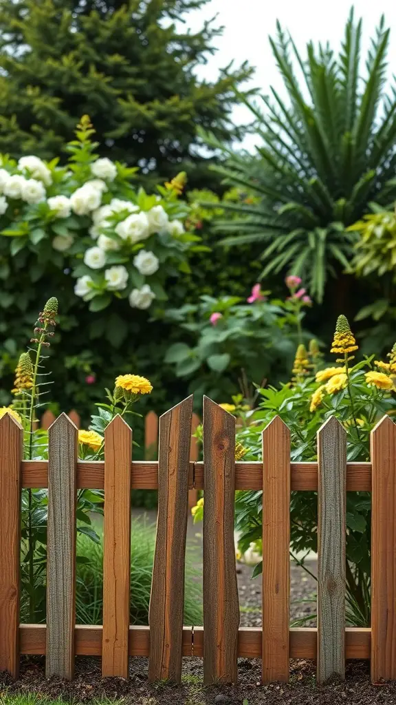 21 Creative Garden Border Ideas You Can Try Today 7 A charming wooden fence with pointed tops, surrounded by vibrant flowers in a garden.