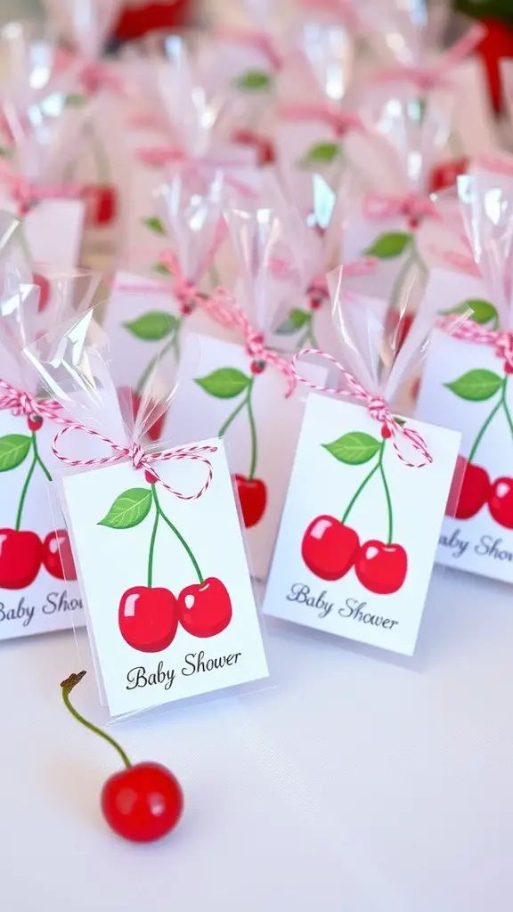 23 Creative Cherry on Top Baby Shower Theme Ideas 5 Cherry-themed baby shower party favors with tags and ribbons