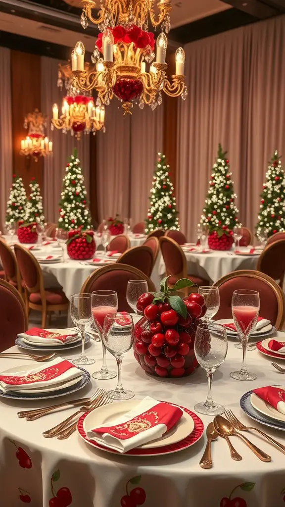 23 Creative Cherry on Top Baby Shower Theme Ideas 11 A beautifully arranged cherry-themed table setting for a baby shower, featuring cherry centerpieces, elegant glassware, and festive decorations.