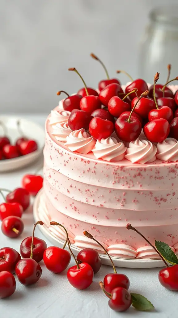 23 Creative Cherry on Top Baby Shower Theme Ideas 14 A beautifully decorated cherry-themed cake with pink frosting and fresh cherries on top.