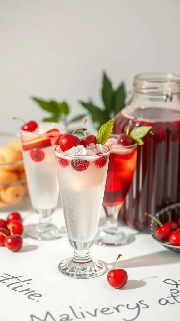 23 Creative Cherry on Top Baby Shower Theme Ideas 13 A cherry-themed drinks station featuring sparkling beverages with cherries and mint leaves, alongside a pitcher of cherry juice.