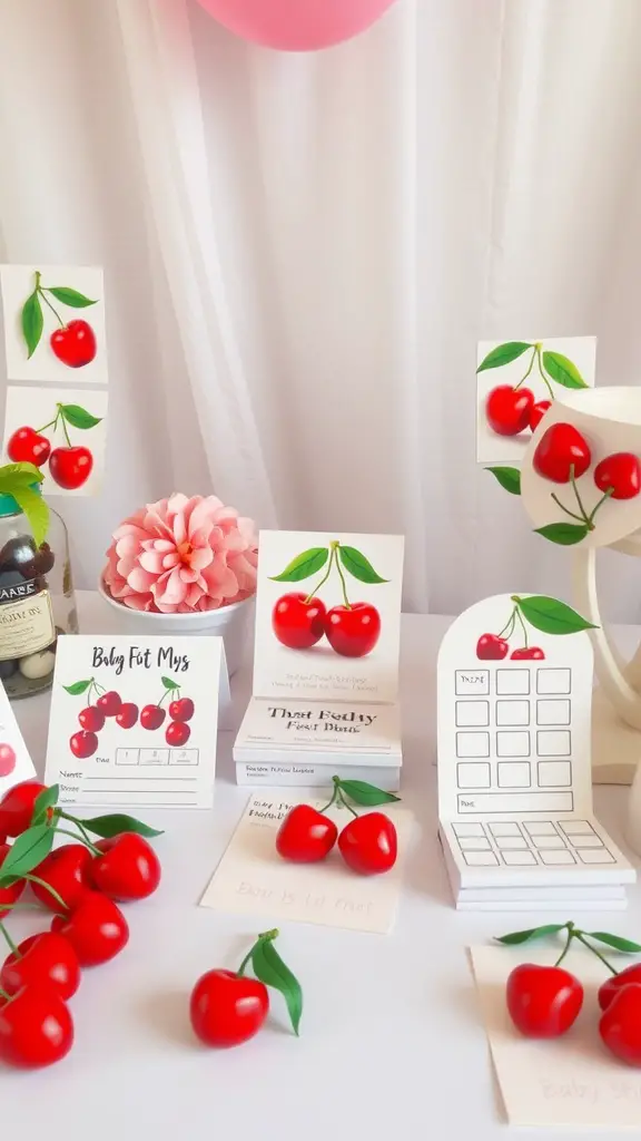 23 Creative Cherry on Top Baby Shower Theme Ideas 9 Cherry-themed baby shower game setup with cards and decorations.