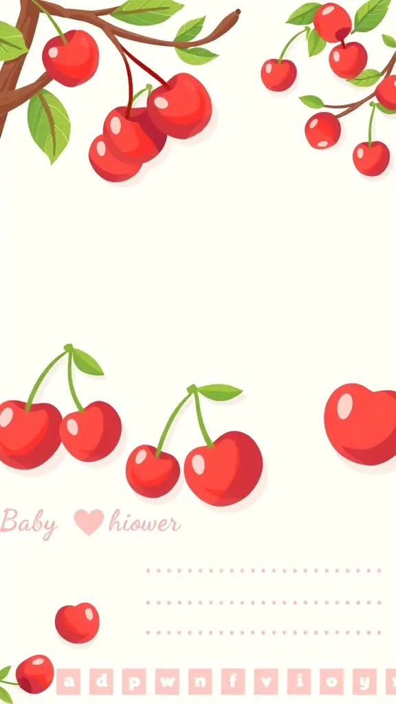 23 Creative Cherry on Top Baby Shower Theme Ideas 8 Cherry-themed baby shower invitation design with red cherries and leaves.