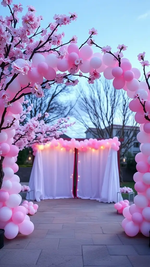 23 Creative Cherry on Top Baby Shower Theme Ideas 2 A beautiful balloon arch featuring pink balloons and cherry blossoms, creating a lovely entrance for a baby shower.