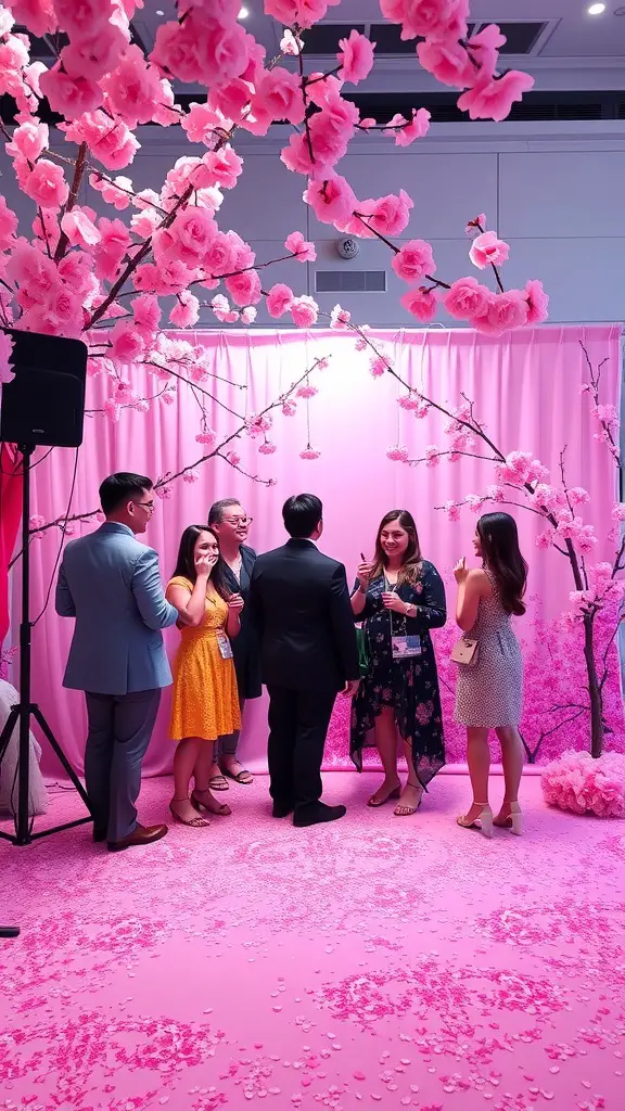 23 Creative Cherry on Top Baby Shower Theme Ideas 6 A cherry blossom themed photo booth with pink flowers and guests taking pictures.
