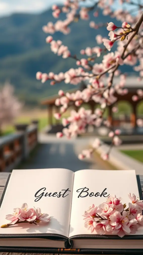 23 Creative Cherry on Top Baby Shower Theme Ideas 12 Open guest book with cherry blossoms on the pages, set against a blurred background of cherry blossom trees.