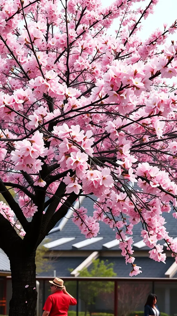 21 Inspiring Japanese Garden Ideas You’ll Love 10 A cherry blossom tree in full bloom with pink flowers and dark branches, set against a backdrop of a garden.