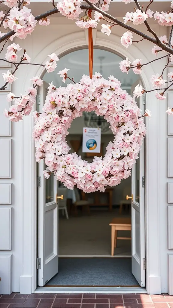 23 Creative Cherry on Top Baby Shower Theme Ideas 17 A cherry blossom wreath hanging at the entrance of a venue, decorated with soft pink flowers.