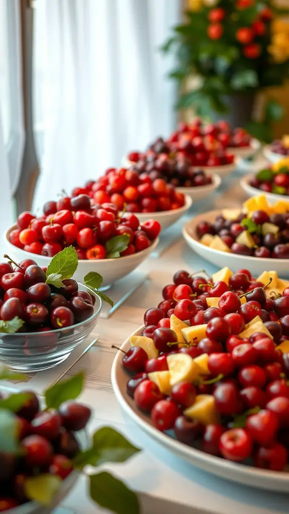 23 Creative Cherry on Top Baby Shower Theme Ideas 16 A colorful fruit salad bar featuring various types of cherries and other fruits.