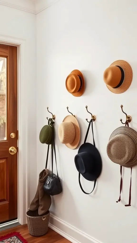 19 Creative Hat Rack Ideas for Your Home 14 Chic entryway with various hats hanging on hooks and a basket on the floor