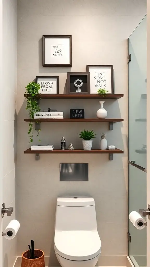23+Chic Back of Toilet Decor Ideas to Transform Your Bathroom 7 Chic floating shelves above a toilet with decorative items and framed quotes.