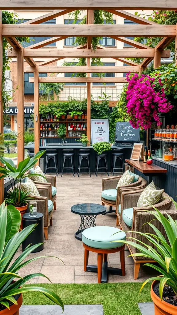 23 Inspiring Garden House Ideas for Your Outdoor Oasis 17 A stylish garden bar and lounge with wooden structure, vibrant plants, and comfortable seating.