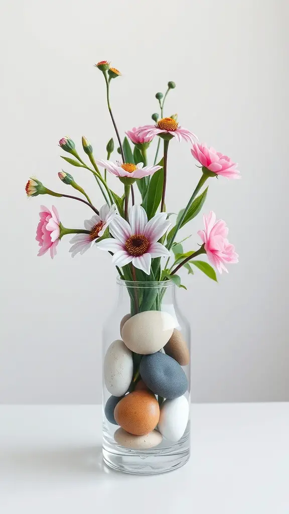23 Stunning Dollar Tree Centerpieces You Can DIY 8 A glass vase filled with flowers and painted stones, showcasing a colorful centerpiece.