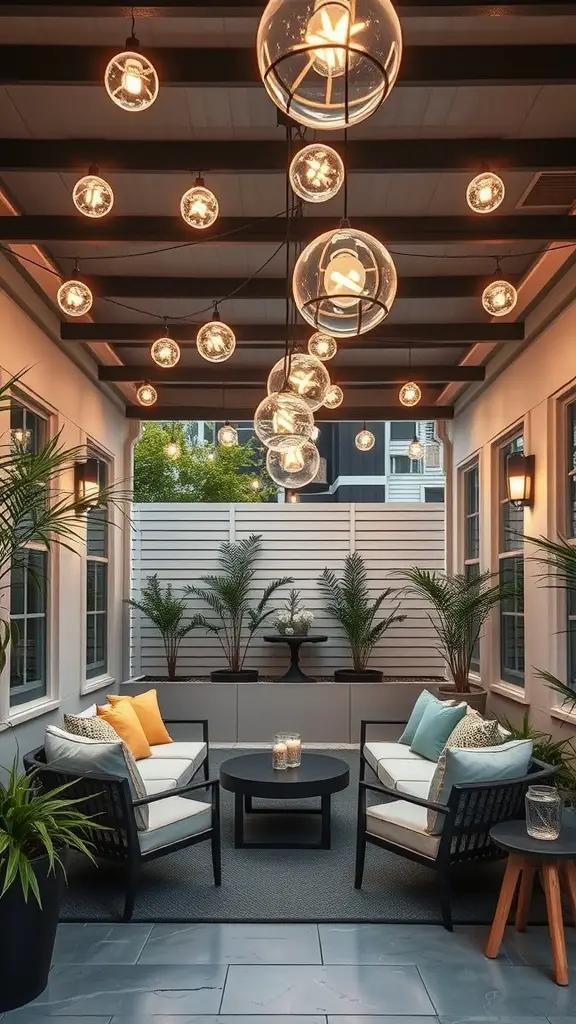 23+ Creative Patio String Light Ideas to Transform Your Outdoor Space 5 A cozy patio with globe lights hanging from the ceiling, featuring stylish seating and plants.