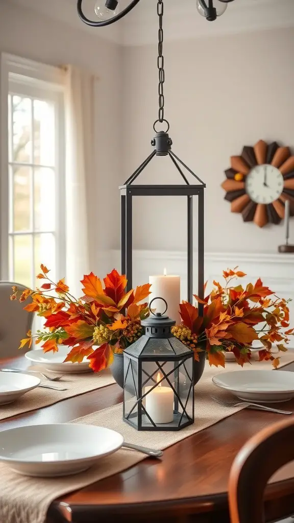 17 Stunning Fall Centerpieces for Your Dining Table 14 A table centerpiece featuring a black lantern and colorful autumn foliage, creating a cozy and inviting atmosphere.