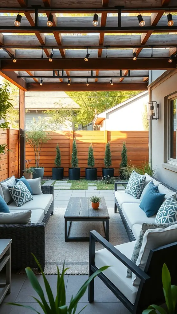 23 Amazing Backyard Ideas for Your Bloxburg Home 15 Chic lounge area in a backyard with comfortable seating and stylish decor.
