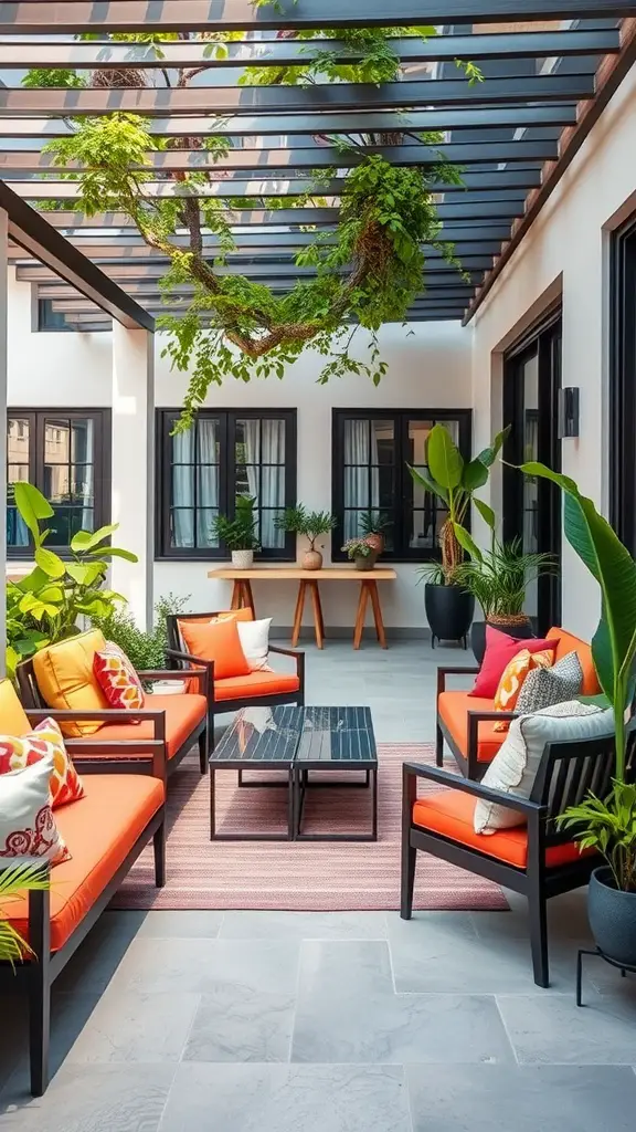 15 Inspiring Outdoor Patio Ideas for Your Dream Space 5 Chic outdoor patio lounge area with orange cushions, black coffee table, and lush greenery.