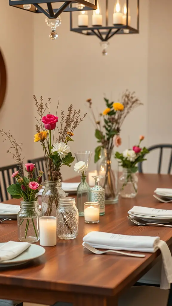 21 Creative Dollar Tree DIY Home Decor Ideas 2 A dining table with mason jar centerpieces filled with flowers and candles.