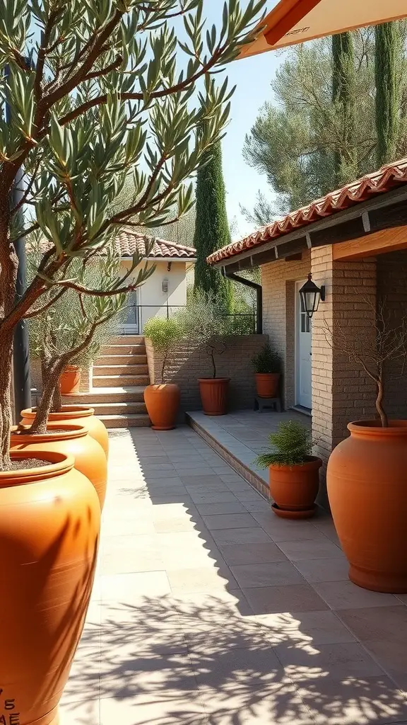 15 Stunning French Garden Ideas to Transform Your Outdoor Space 4 A Mediterranean garden pathway lined with terracotta pots and olive trees.
