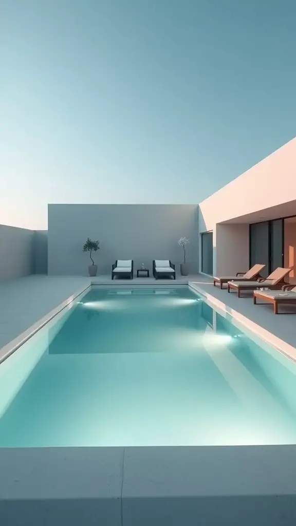A minimalist pool design featuring a clear pool, lounge chairs, and a simple aesthetic.