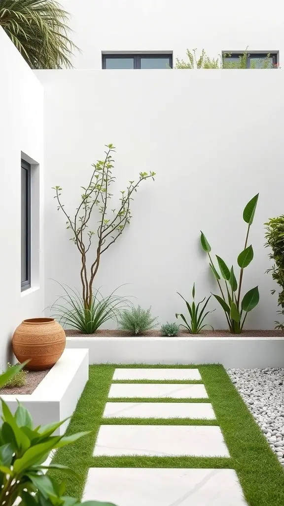 23 Stunning Dream Garden Ideas to Transform Your Outdoor Space 14 A modern minimalist garden featuring white walls, stone pathways, and various plants.