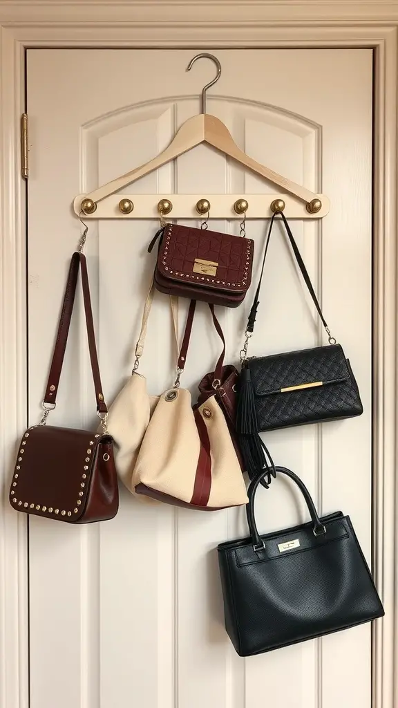 A wooden hanger mounted on a door displaying several purses in various styles and colors.