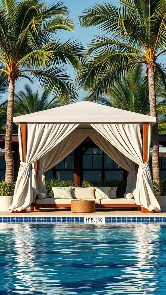 23 Stylish Outdoor Furniture Ideas for Your Dream Patio 15 A stylish poolside cabana with soft curtains and comfortable seating, surrounded by palm trees.