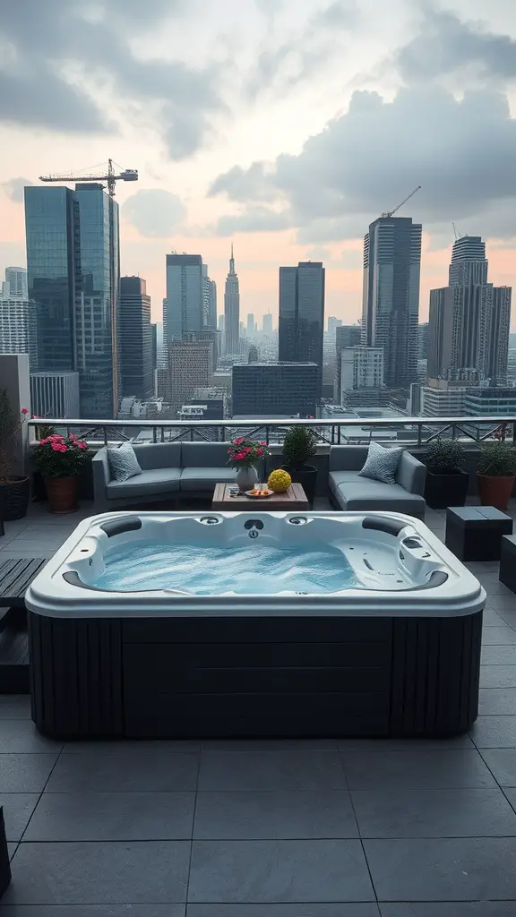 21 Amazing Hot Tub Backyard Ideas for Your Outdoor Oasis 12 A hot tub on a chic rooftop with a city skyline view, featuring modern furniture and flowers.