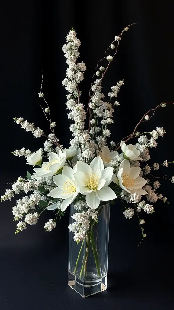 A chic winter wedding centerpiece featuring white flowers and silver accents in a tall vase.