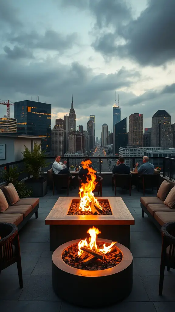 A chic rooftop lounge featuring smokeless fire pits and a city skyline view.