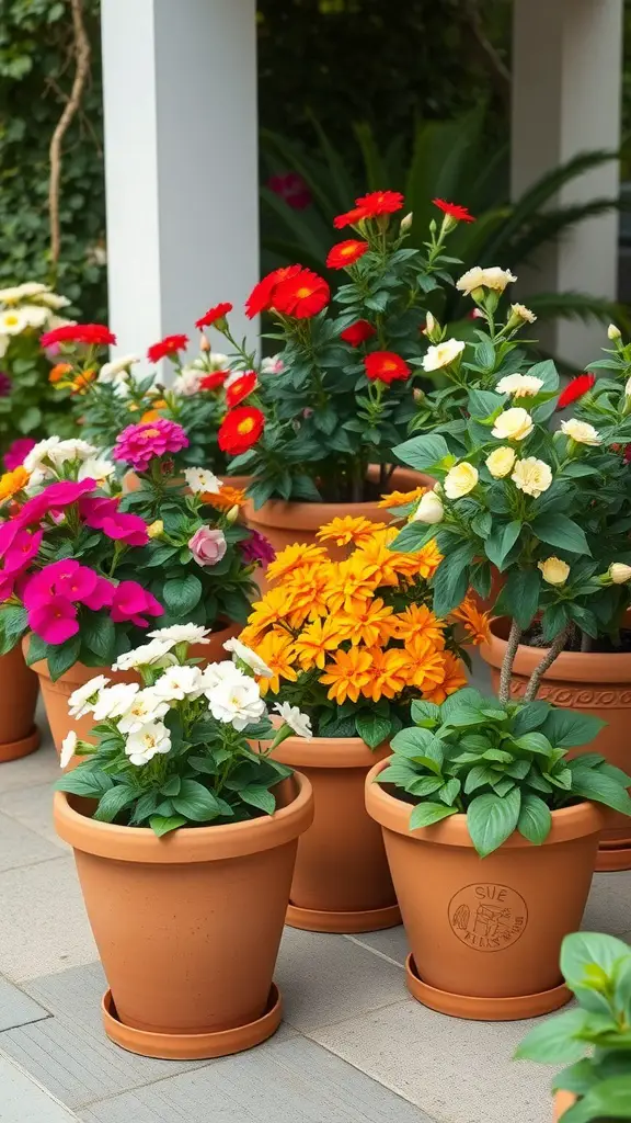 21 Creative Garden Border Ideas You Can Try Today 16 Colorful flowers in terracotta pots arranged in a garden setting