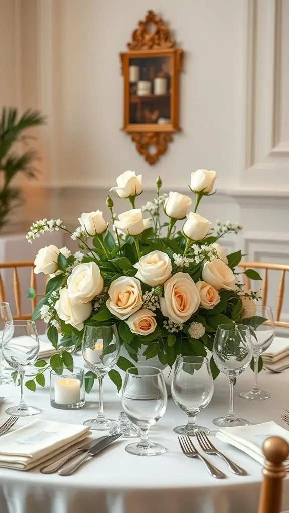 Chic white and green floral arrangement centerpiece on a wedding table