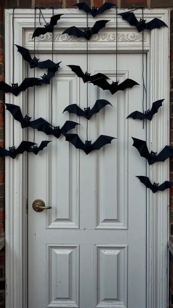 A white door decorated with black bat cutouts hanging from strings.