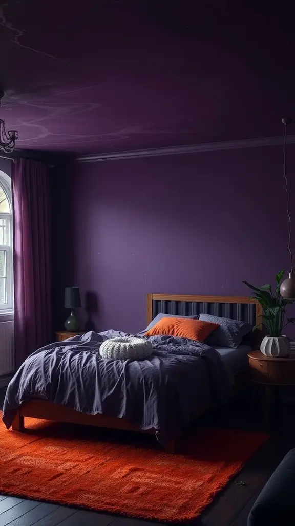 A cozy bedroom with purple walls, a gray bedspread, orange accents, and an orange rug, creating a Halloween vibe.