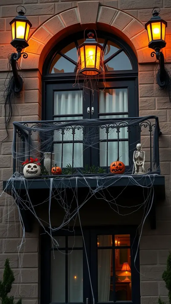 A Halloween-themed balcony decorated with pumpkins, a skeleton, cobwebs, and glowing lanterns.