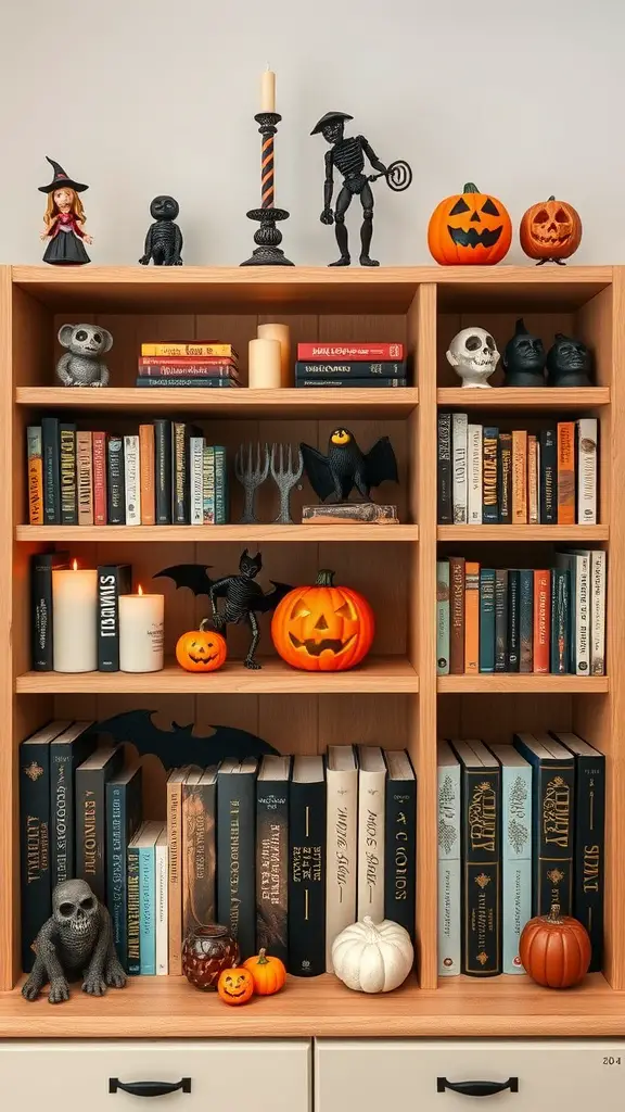 A Halloween-themed shelf arrangement with pumpkins, candles, and spooky decorations.