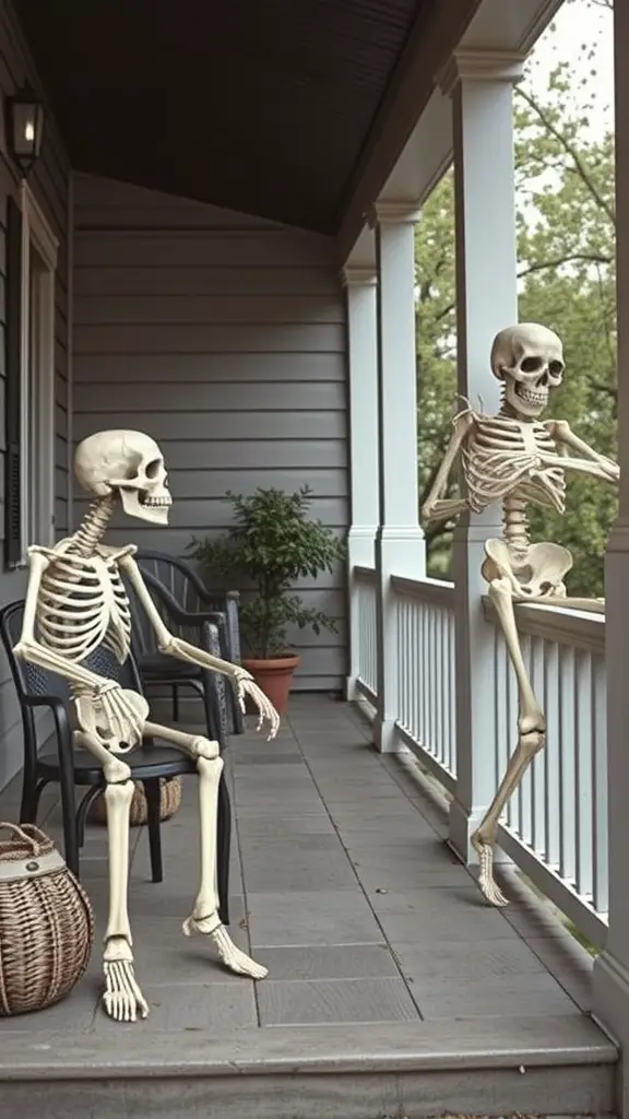 Two skeletons on a porch, one sitting and one leaning against the railing.