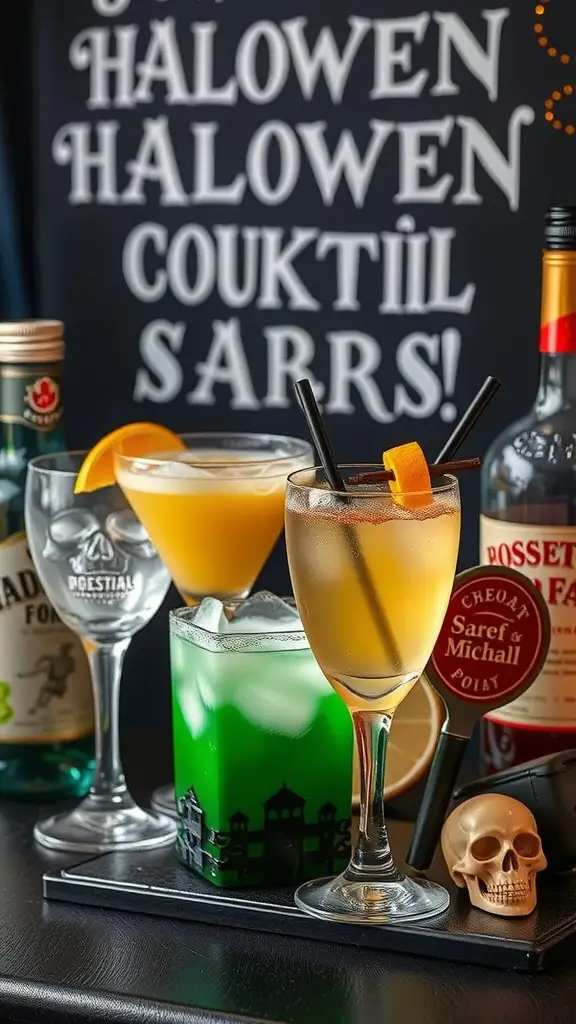 19 Spooktacular Items for the Perfect Halloween Tablescape 7 A Halloween-themed drink station featuring colorful cocktails with spooky decorations.