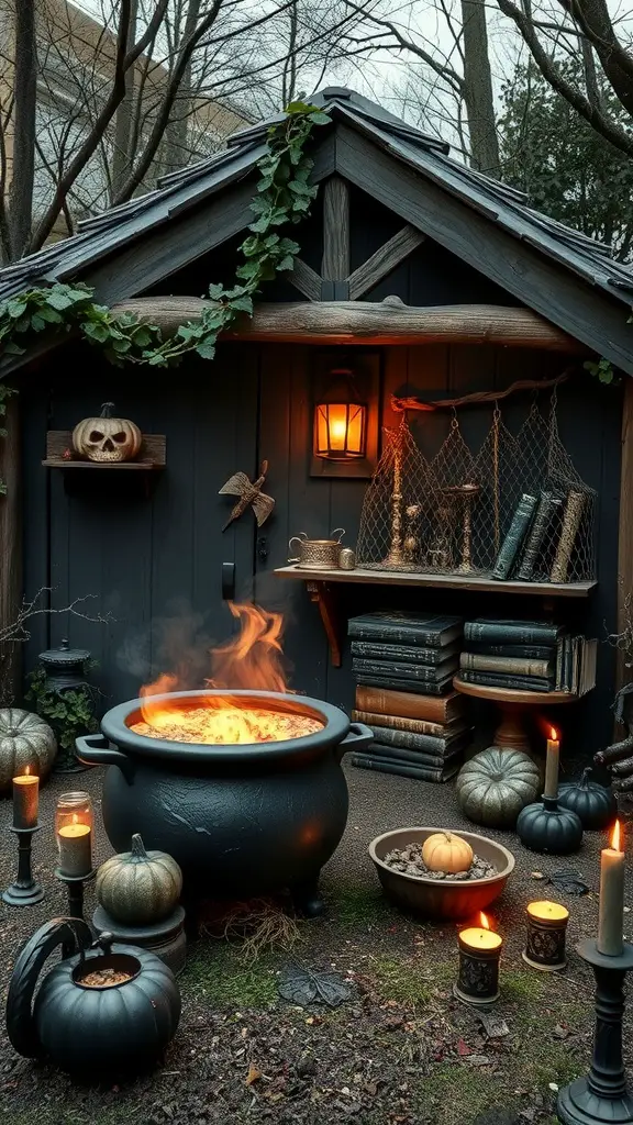 A witch's lair with a bubbling cauldron, pumpkins, candles, and old books.