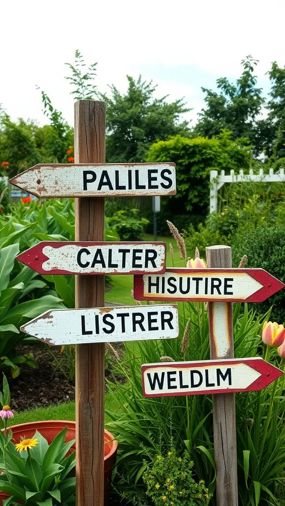 21 Charming Vintage Garden Decor Ideas to Transform Your Outdoor Space 4 Wooden garden signs with chippy paint directing to different whimsical names in a lush garden