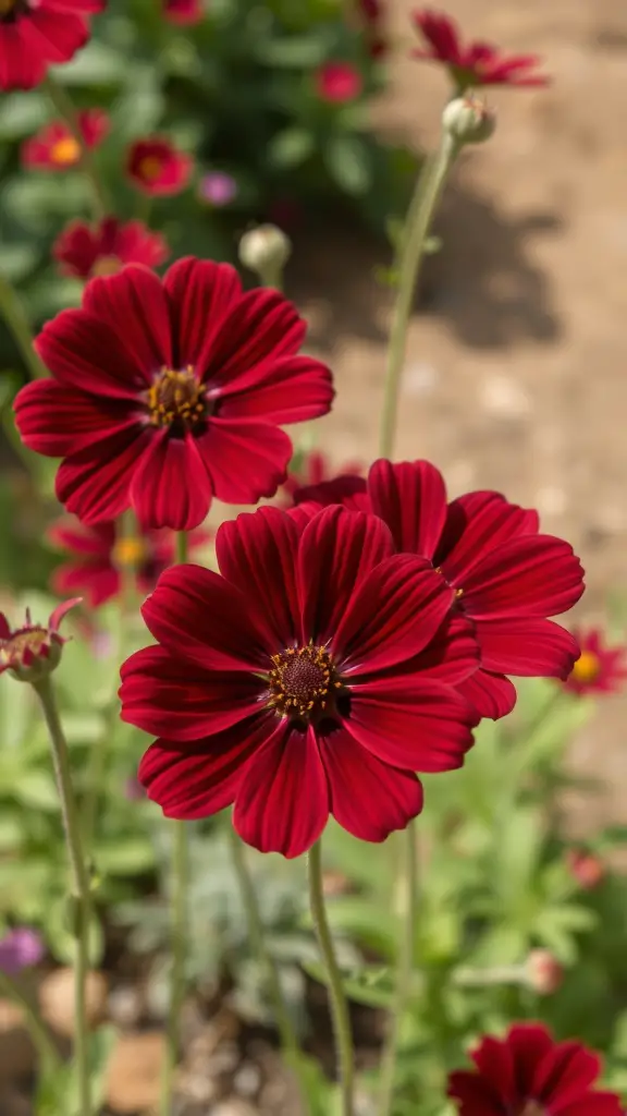 Close-up of Chocolate Cosmos flowers with rich dark red petals.