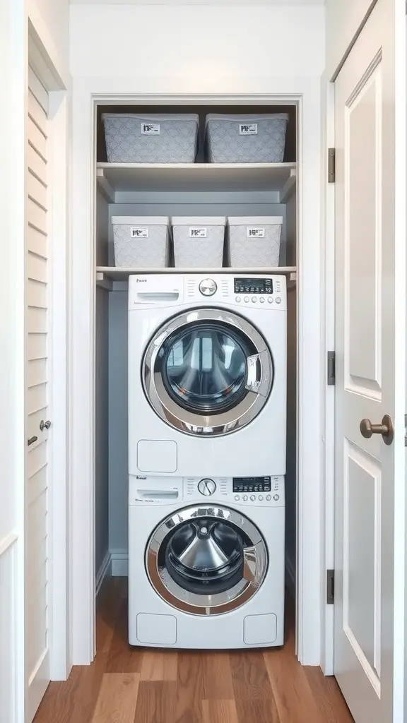 15+ Clever Hallway Laundry Closet Ideas for Small Spaces 5 A compact laundry closet featuring a stacked washer and dryer with storage baskets above.