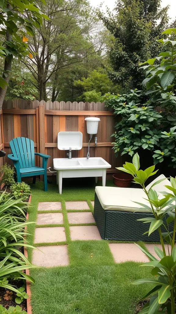 21+ Essential Items for a Perfect Dog Washing Station 8 A cozy outdoor dog washing station with a white wash basin, green grass, and a chair.