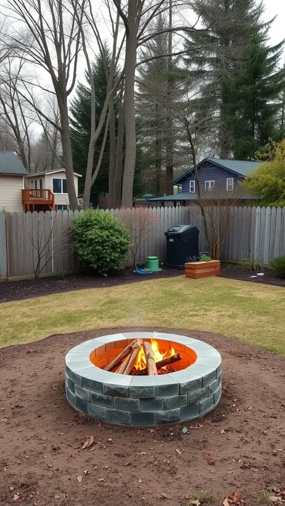 A sunken fire pit made of stone with logs burning inside, set in a grassy yard surrounded by trees and houses.
