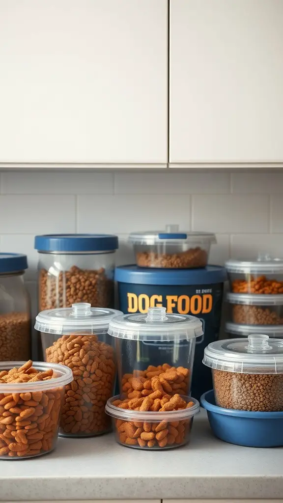 19+Essential Dog Food Storage Solutions You Need 7 A variety of dog food storage containers in different sizes, including a large container labeled 'DOG FOOD' and smaller clear containers, all organized on a kitchen countertop.