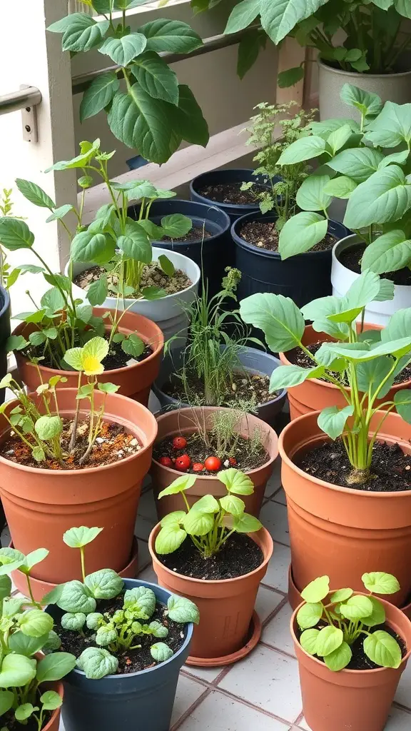 19 Must-Have Vegetables for Your Balcony Garden 8 A balcony garden filled with various potted vegetables including tomatoes, spinach, and herbs.