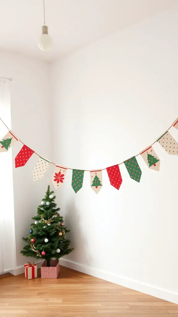 Colorful Christmas-themed fabric bunting hanging in a bright room with a small Christmas tree and gifts.
